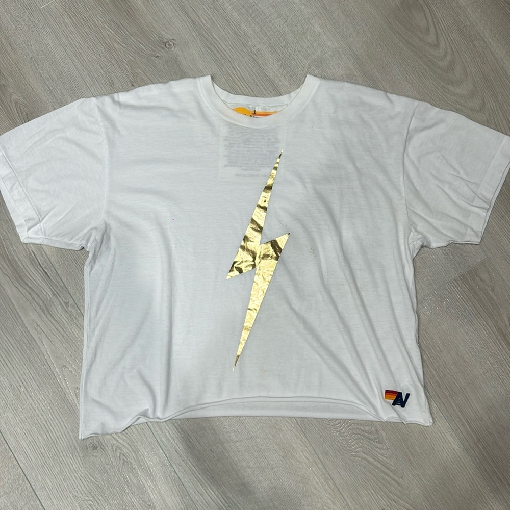 Aviator Nation White Tee with Gold Lightning Bolt